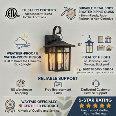 Dallas 13''H Black Aluminum ETL Outdoor Wall Sconce with Dusk to Dawn