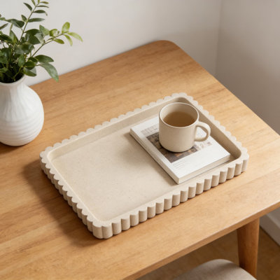 Plateau décoratif moderne en béton pour centre de table basse, plateau de service rectangulaire fabriqué à la main avec un design cannelé pour la décoration intérieure, le repose-pieds et le salon