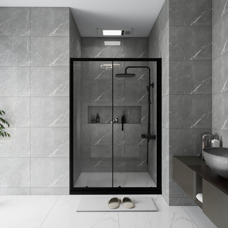 48.In W X 72.In H Single Sliding Shower Door | 1/5 Inch Thick Transparent Tempered Glass | Equipped With Stainless Steel Handle | Minimalist  Style | Black