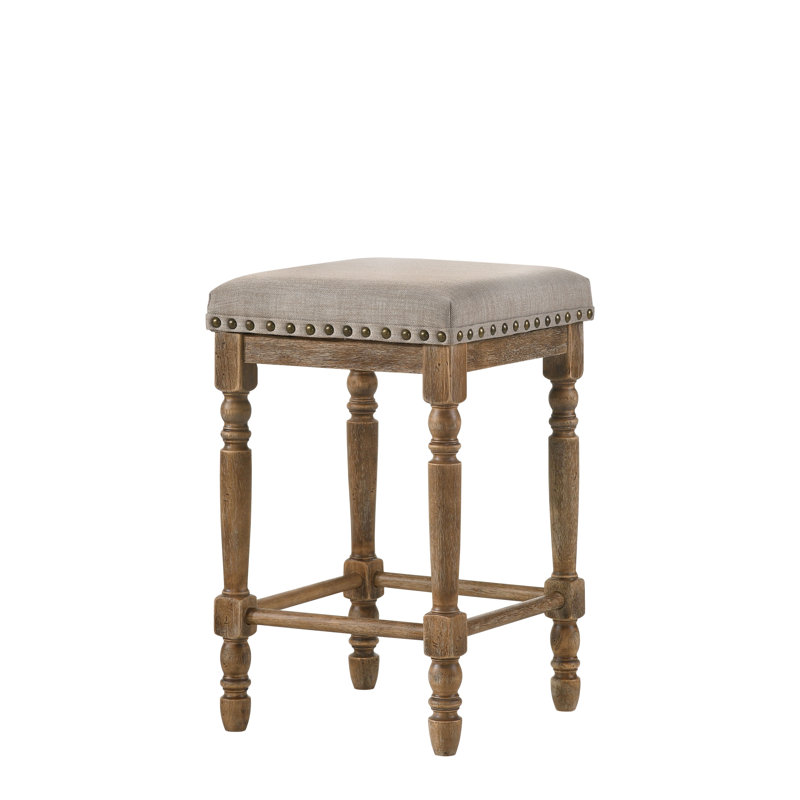 Rustic Weathered Oak Backless Counter Height Stool with Beige Upholstery