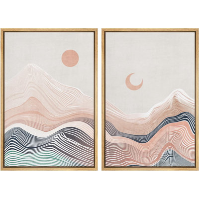 "Mountain Range Moon Sun", nature abstraite, encadrée sur toile, 2 pièces