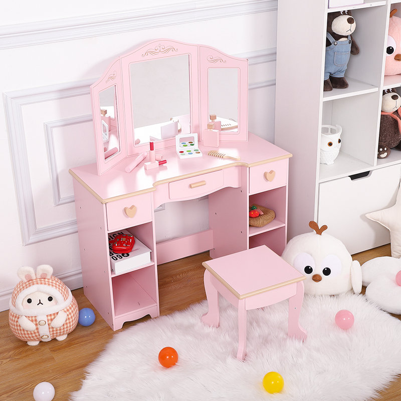 Ensemble de coiffeuse et chaise pour enfant rose avec miroir à trois volets - Bureau de maquillage en bois avec 3 tiroirs et tablettes de rangement ouvertes