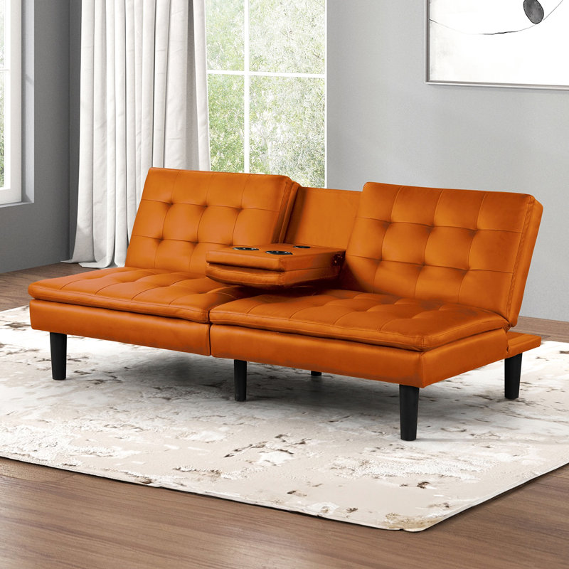 Contemporary Orange Futon - Style With Biscuit Tufting, A & C Chargers, Drop Down Table And Bed Making Ease, 71.5"W X 35.5"D 32"H Built In Ports, Convertible Design,