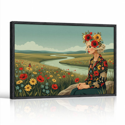 Woman with Flower Crown Sitting in Wildflower Field Canvas Wall Art