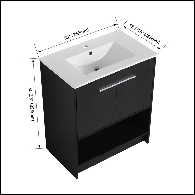 Meuble-lavabo 30 po avec lavabo en céramique, 2 portes à fermeture douce, meuble-lavabo autoportant, contreplaqué, Noir