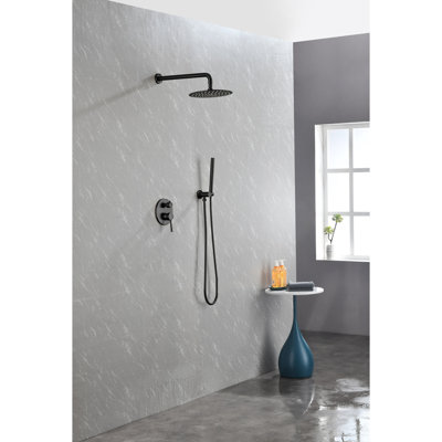 Wall Mounted Shower Faucet - Matte Black With 10" Stainless Steel Rain Showerhead & Handheld Shower, 2 Way Balance Valve For Bathroom High And