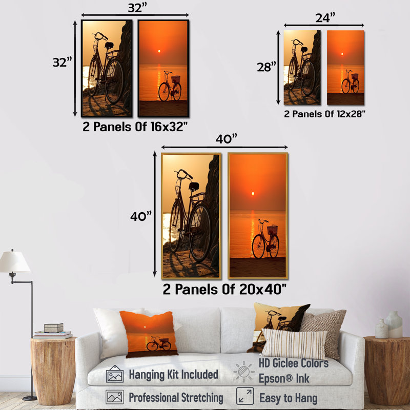 Coucher de soleil sur le coucher de soleil - ensemble d'art mural en toile de bicyclette de 2, H 28 po x l 25 po