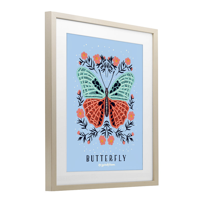 Butterfly Symmetry on Blue Framed Print Under Glass, design by Indira Prieto | IndySign, Harvest Pine Under Glass Framed