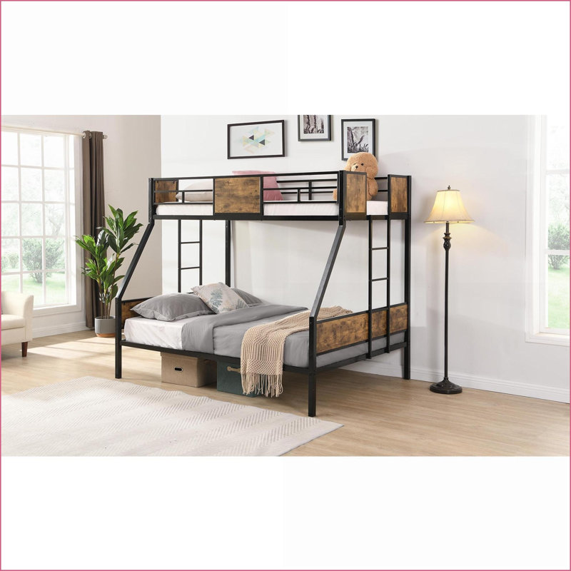 Twin Over Full Metal Bunk Bed with 2-Side Ladder &amp; Guardrail - No Box Spring Needed, Under Bed Storage, Black &amp; Brown
