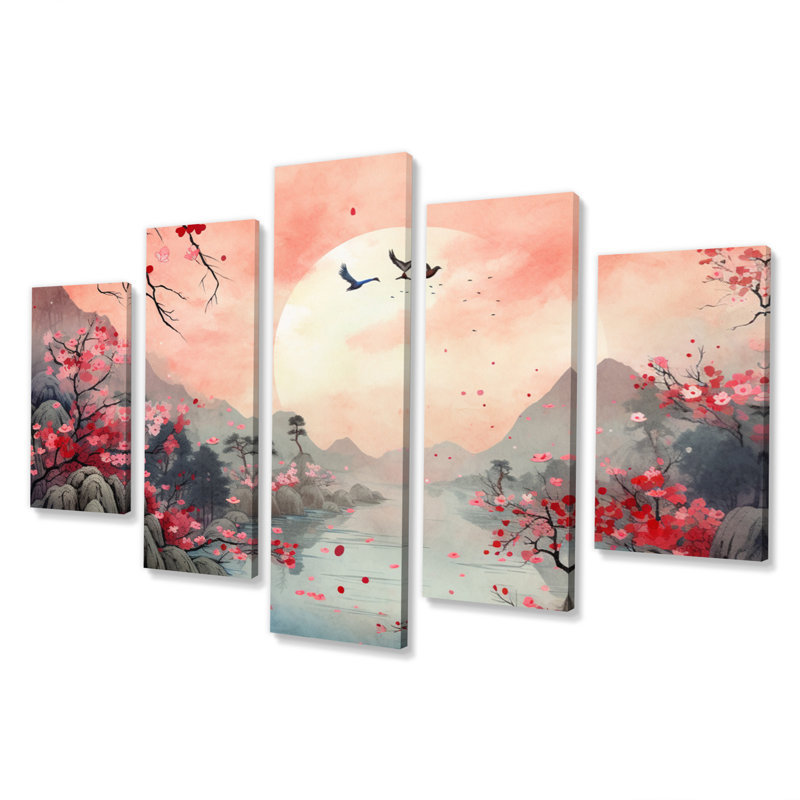 Paysage japonais du soleil levant IV sur toile, 5 pièces