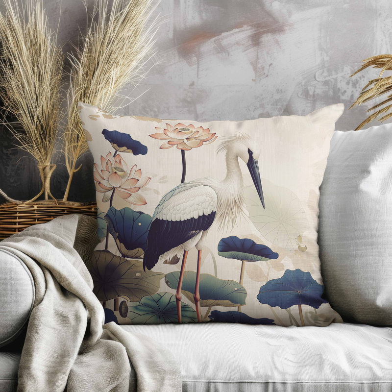 Coussin en suède Lotus Pond, Carré 26 po, Bleu / Beige