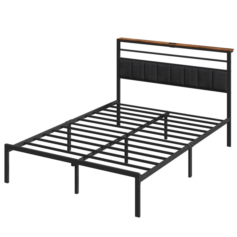 Base de lit grand format avec station de charge, lit plateforme avec lattes en métal, tête de lit tapissier avec tablettes de rangement, aucun sommier tapissier requis, noir