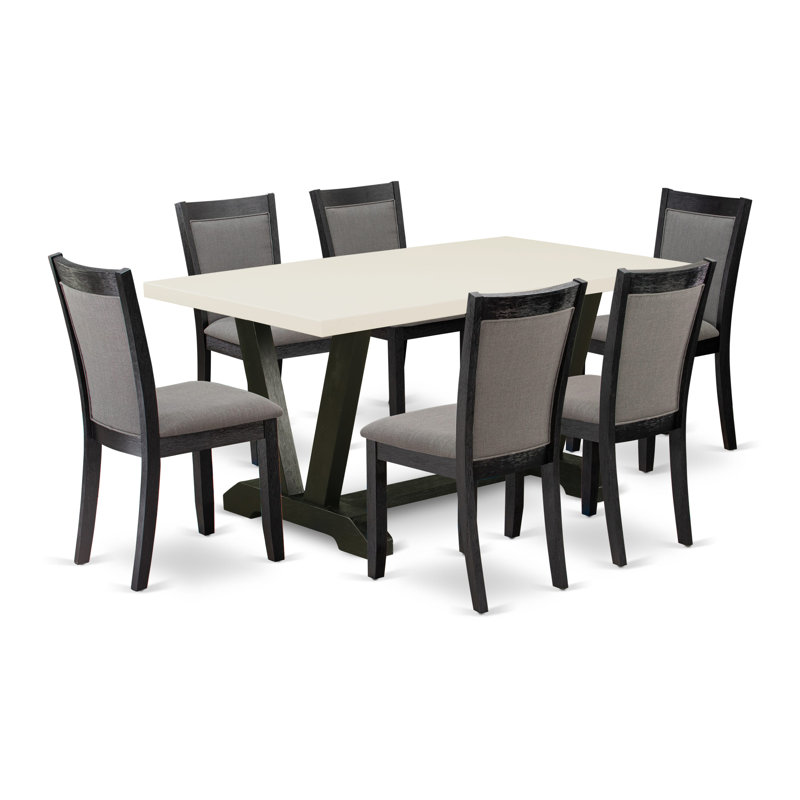 7 Piece Table Set - A Linen White Top Dinner Table with Trestle Base and 6 Dark Gotham Grey Linen Fabric Parson Chairs - Wire Brushed Black Finish