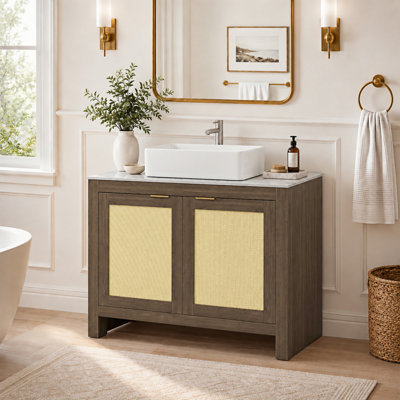 Meuble-lavabo autoportant de 36 pouces style Mid-Century Farmhouse, armoire en bois de noyer avec portes en rotin tissé, comptoir en pierre frittée et vasque rectangulaire en céramique, meuble-lavabo simple pour salle de bain et salle d'eau
