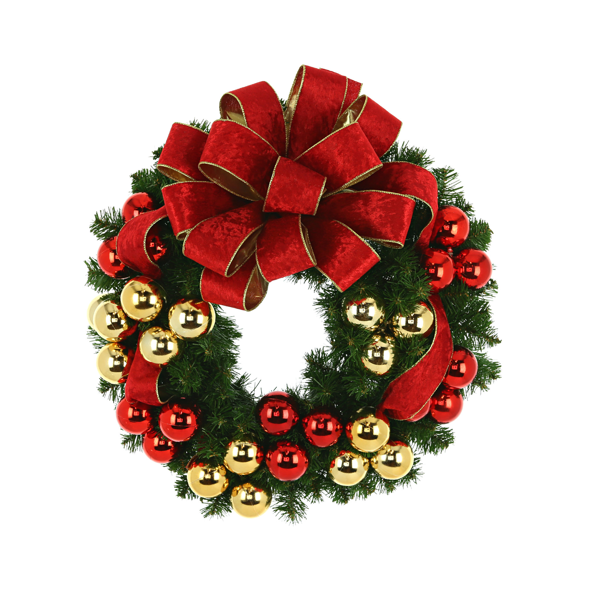 Creative Displays, Inc. Holiday Evergreen Wreath with Gold and Red Ornaments and Red and Gold Bow & Reviews | Wayfair