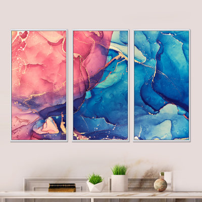«Red and Blue Liquide Art I», reproduction de cadre flottant 3 pièces sur toile