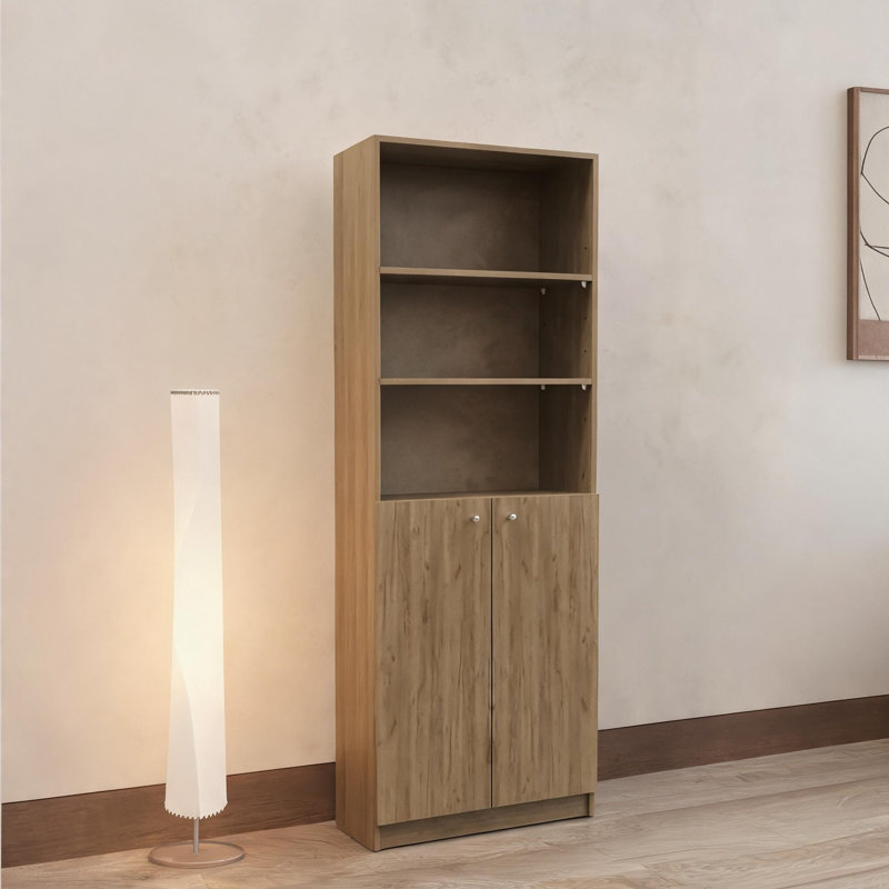 Bibliothèque chaleureuse à 2 portes beige à plusieurs niveaux, unité de rangement résidentielle et de bureau, fabrication en panneau de fibres à densité moyenne avec rangement ouvert et fermé