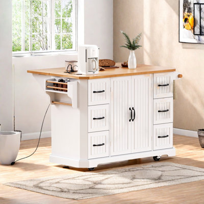 Îlot de cuisine roulant avec rallonge en bois, prise de courant, 4 tablettes de porte, motif à rayures verticales en relief, 6 tiroirs profonds, support à épices et porte-serviettes