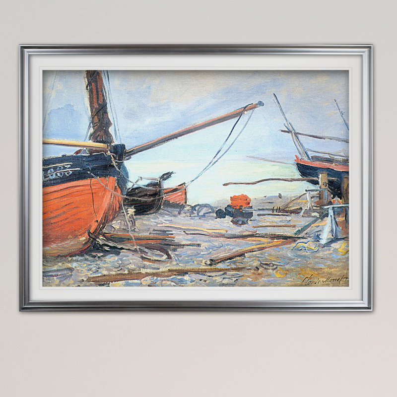 « bateau on the beach », reproduction de peinture à l’acrylique, H 31 po x l 43 po x P 1,5 po, Cadre argenté