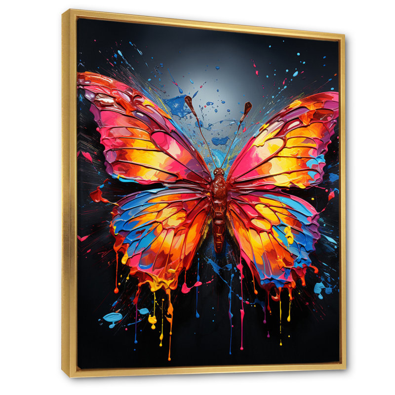 Alisya corail jaune néon papillon électrique - imprimé, H 32 po x l 16 po x P 1 po, Cadre flottant doré