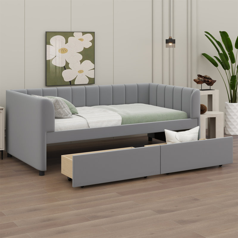 Shanav Twin Size Upholstered Daybed with Ergonomic Design Backrest and 2 Drawers, Grey