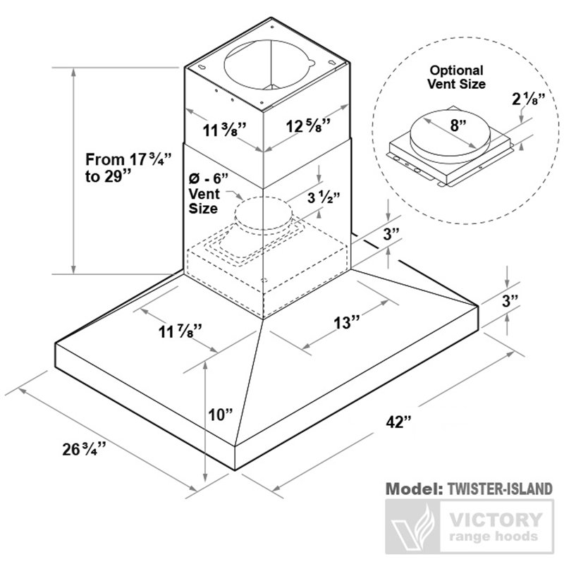 Hotte îlot Victory 42 pouces 750 pi³/min en acier inoxydable avec filtres à chicane, interrupteur rotatif à 4 vitesses et DEL à intensité variable