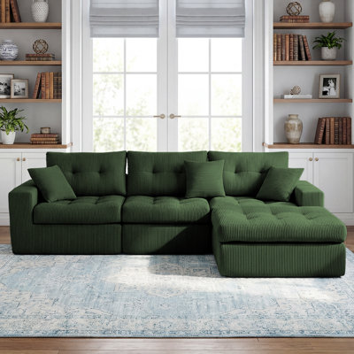 Canapé-lit en coin avec méridienne à compression Corduroy, canapé modulaire en L avec éponge à haute densité, canapé convertible sans assemblage requis pour le salon, appartement, chambre d'amis (vert)