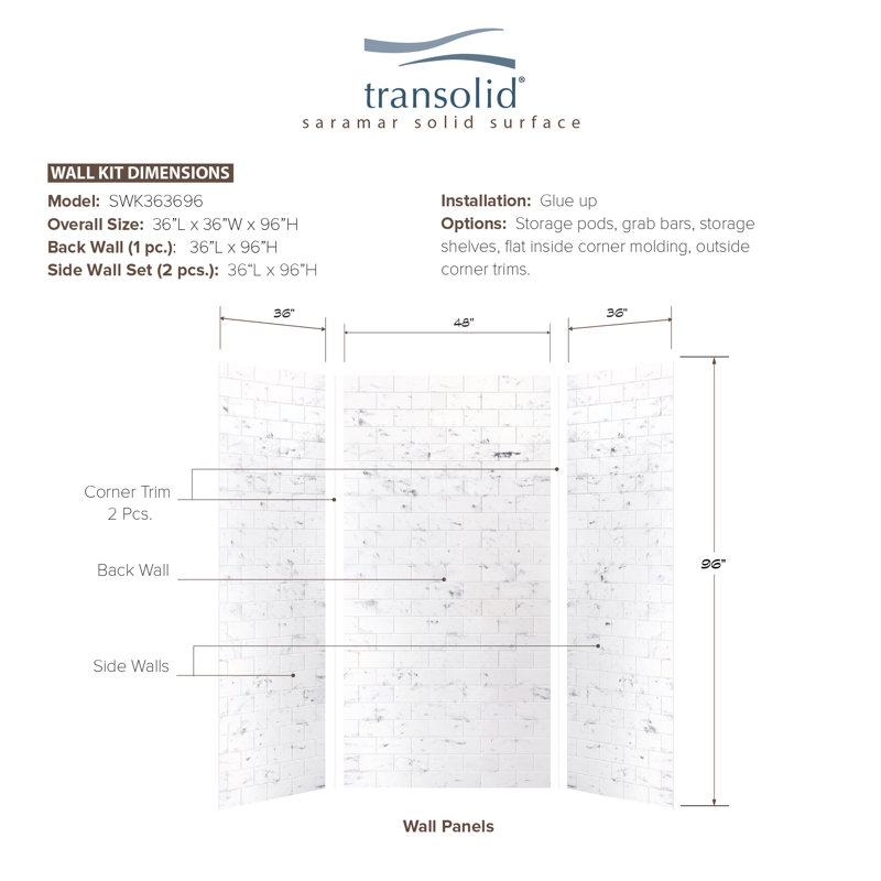 SaraMar 48'' W 36'' D 96'' H Glue Up Solid Surface Wall, White Venito, 96" H x 48" W x 36" D