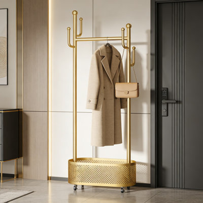 360-Degree Rotating Coat Rack With Storage Basket - Multi-Functional Mobile Garment Stand For Bedroom, Living Room, And Entryway