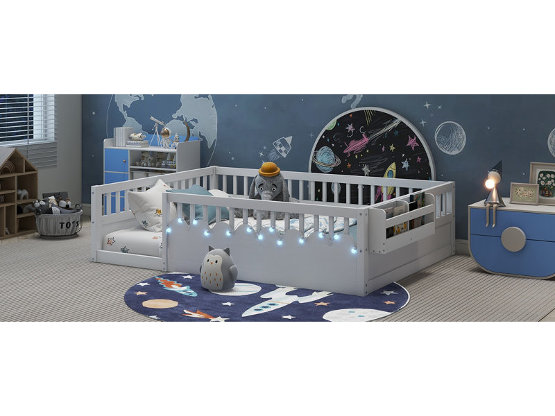 Lit de sol Rivvi Montessori avec garde-corps élevés, lumière DEL et tablette de rangement, Double, Blanc