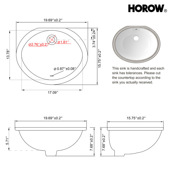 19.6 X 15.7 Oval Vitreous China Undermount Bathroom Sink With Overflow Hole