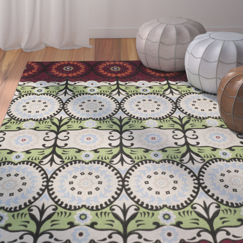 Tapis vert / bleu / rouge en coton tissé à plat à la main Allison, Rectangle 4 pi x 6 pi