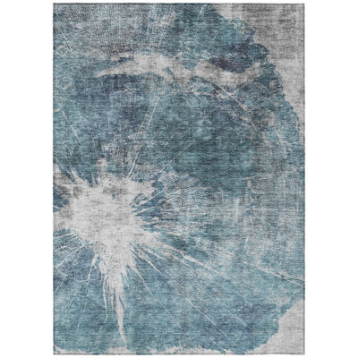 HomeRoots 9' X 12' Teal Blue Navy Blue And Gray Abstract Washable Indoor Outdoor Area Rug