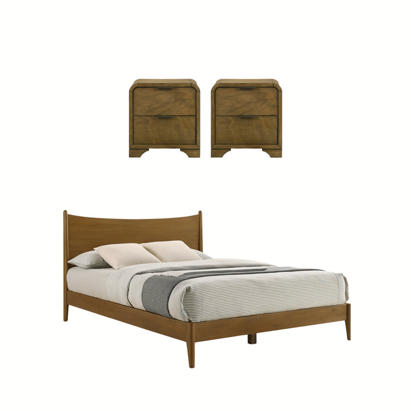 Springfield Modern Craft Solid Wood 3 Pieces Bedroom Set, Brown, 3 Pcs: Bed, 2 Nightstands