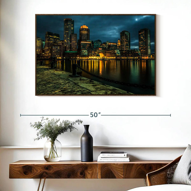 Silhouette de Boston la nuit, Cadre flottant en noyer, 40 po x 27 po