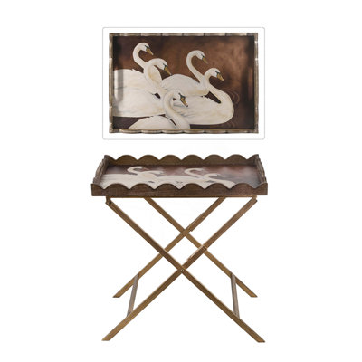 23.5x15.5x24" Brown MDF Tray Table with White Swan Motif and Iron Base
