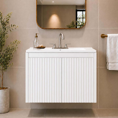 Meuble-lavabo mural moderne cannelé de 61 cm (24 po), 2 portes, lavabo en céramique blanche, revêtement en PVC imperméable
