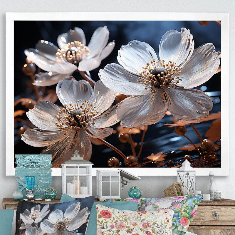 Fleurs transparentes blanches et bleues I sur toile, H 12 po x l 20 po, Cadre photo blanc