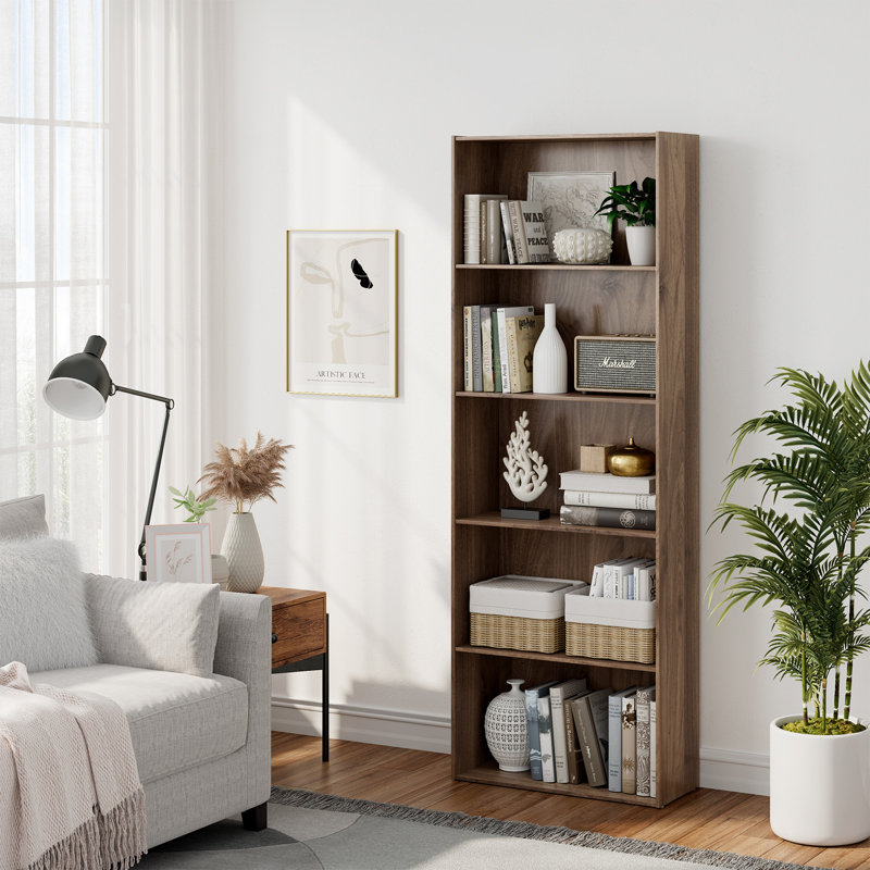 Gethers Modern 67" H x 23.5" W 5-Shelf Storage Bookcase, Walnut