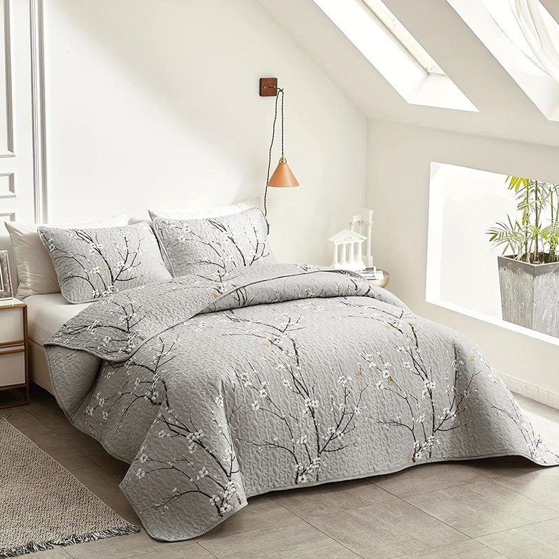  Ensemble de courtepointe en polyester percale, Courtepointe pour lit simple et deux taies décora, Gris