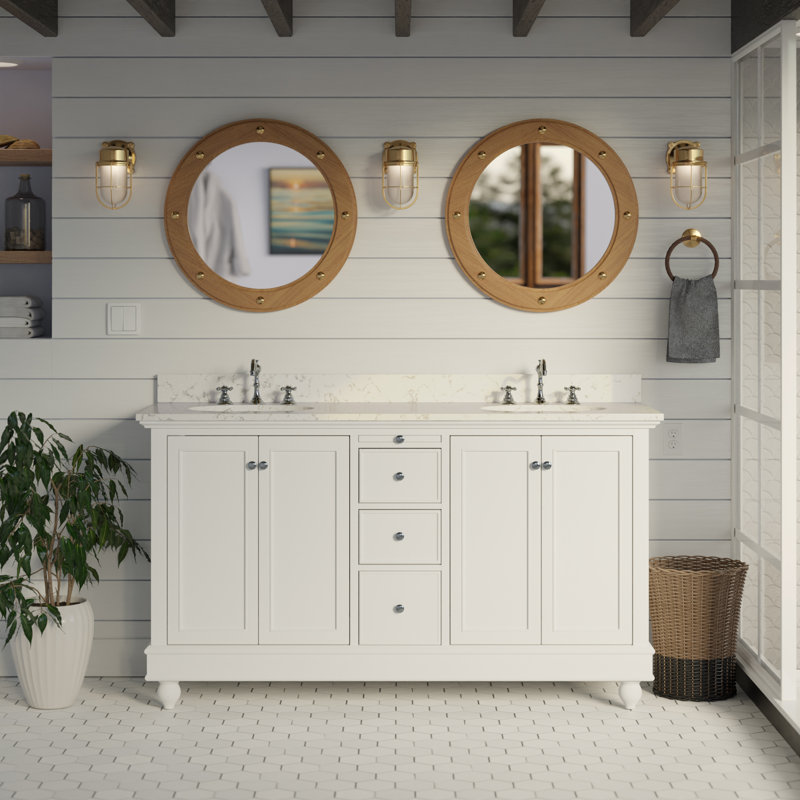 Ensemble de meuble-lavabo double 60 po Ferdinand, Blanc, Marbre d'ingénierie