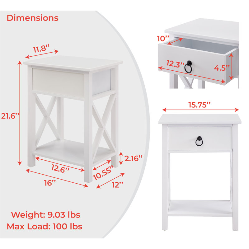 Saylesville 1.8ft Small Night Stand with Storage Shelf and Drawer, Wood Night Stands, White