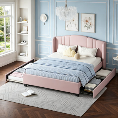 Upholstered Platform Bed With Wingback Headboard, Twin Trundle, And 2 Drawers, No Box Spring Needed, Linen Fabric, Queen Size