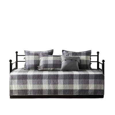 6 Piece Reversible Plaid Daybed Cover In Grey - Twin Size With , 3 Shams, And Decorative Pillow , Microfiber Mattress Throw Herringbone, Back