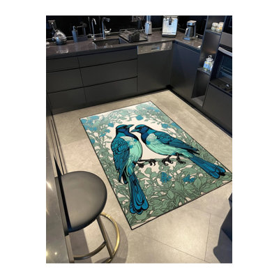 Tapis décoratif bleu à motif d'oiseaux doubles lavables