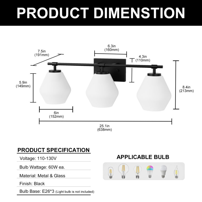 Alcide 25 In. 3-Light Black Vanity Light With Clear Cone Glass Shades For Bathroom, Living Room, Entryway, White