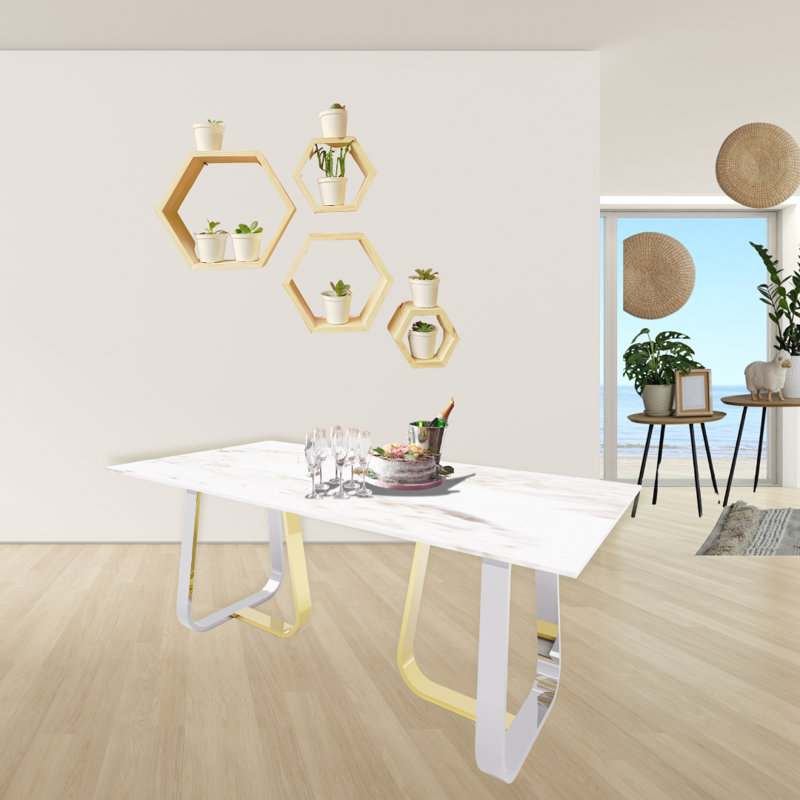 Ensemble de table de salle à manger en marbre crème Maribeth Luxury avec 6 chaises de 47 po et base en acier inoxydable de couleur or