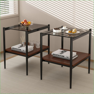 Table basse grise en verre trempé avec pieds en fer, facile à nettoyer, capacité de 110 lb Rangement