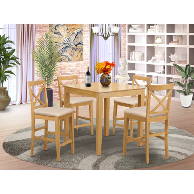 5 Piece Counter Height Dining Set Includes a Square Dinette Table and 4 Linen Fabric Kitchen Dining Chairs, Oak