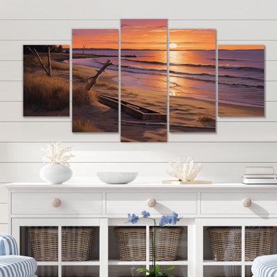 Océan sérénité doux mauve plage Sunrise II - art mural sur toile plage - 5 panneaux